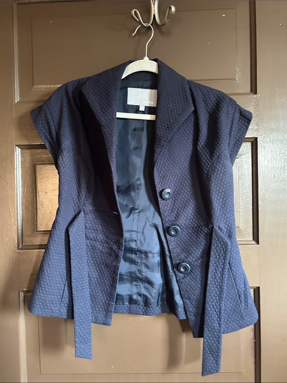 Tabitha Navy Short-Sleeve Textured Blazer with Waist Ties